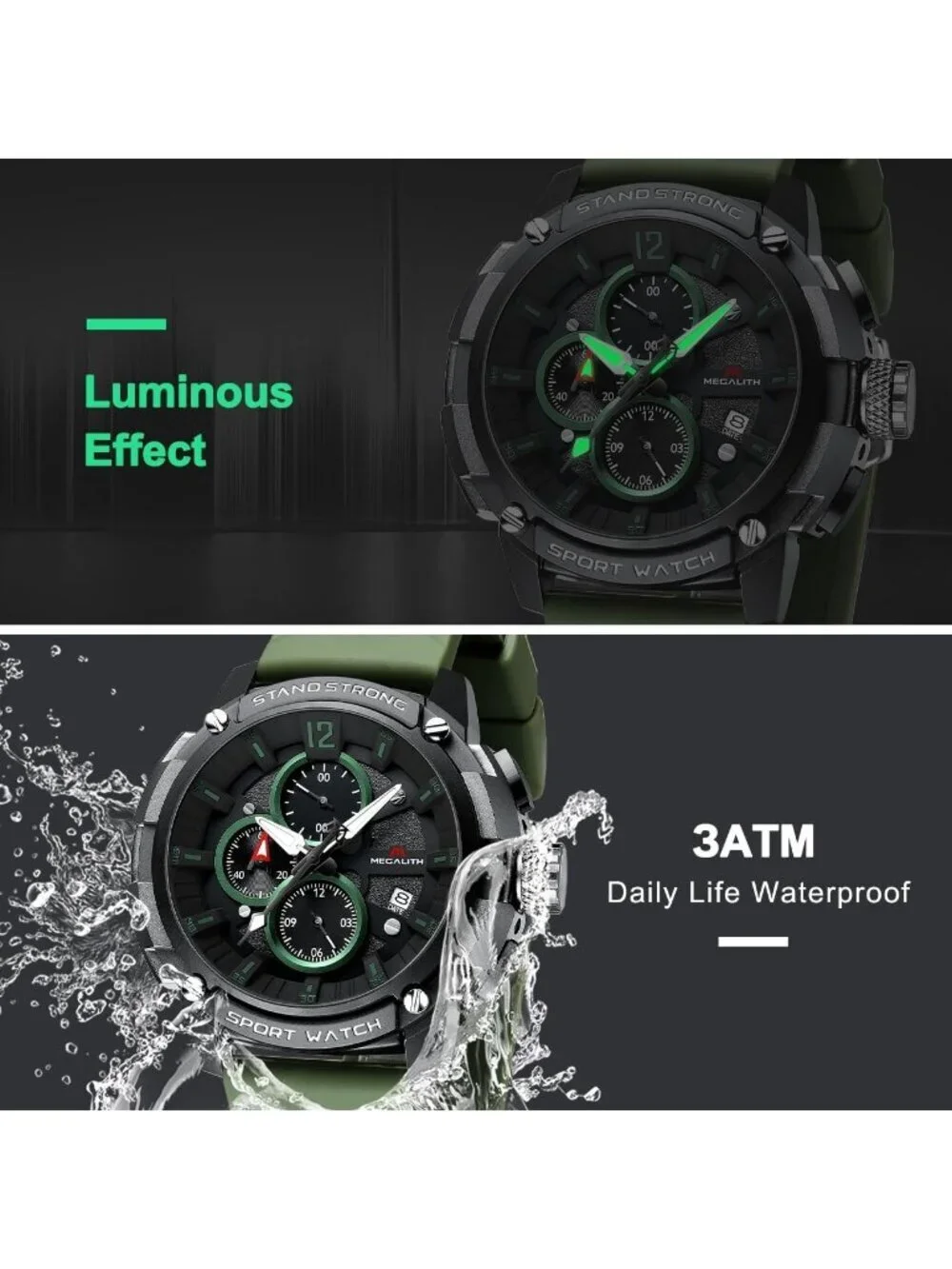Men's Green Analog Quartz Heavy Duty Waterproof Chronograph Luminous Wrist Watch